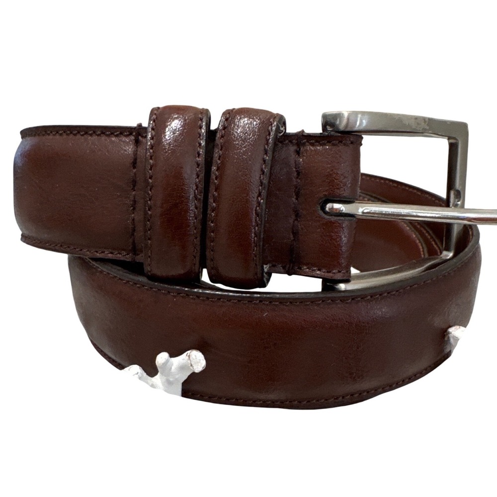 Mens dark brown leather belt with a silver-tone metal buckle size 42